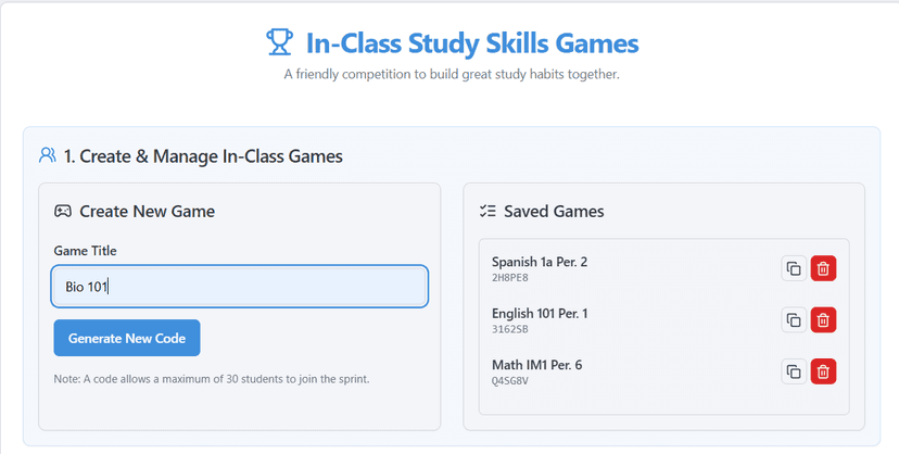 In-class game leaderboard on a screen